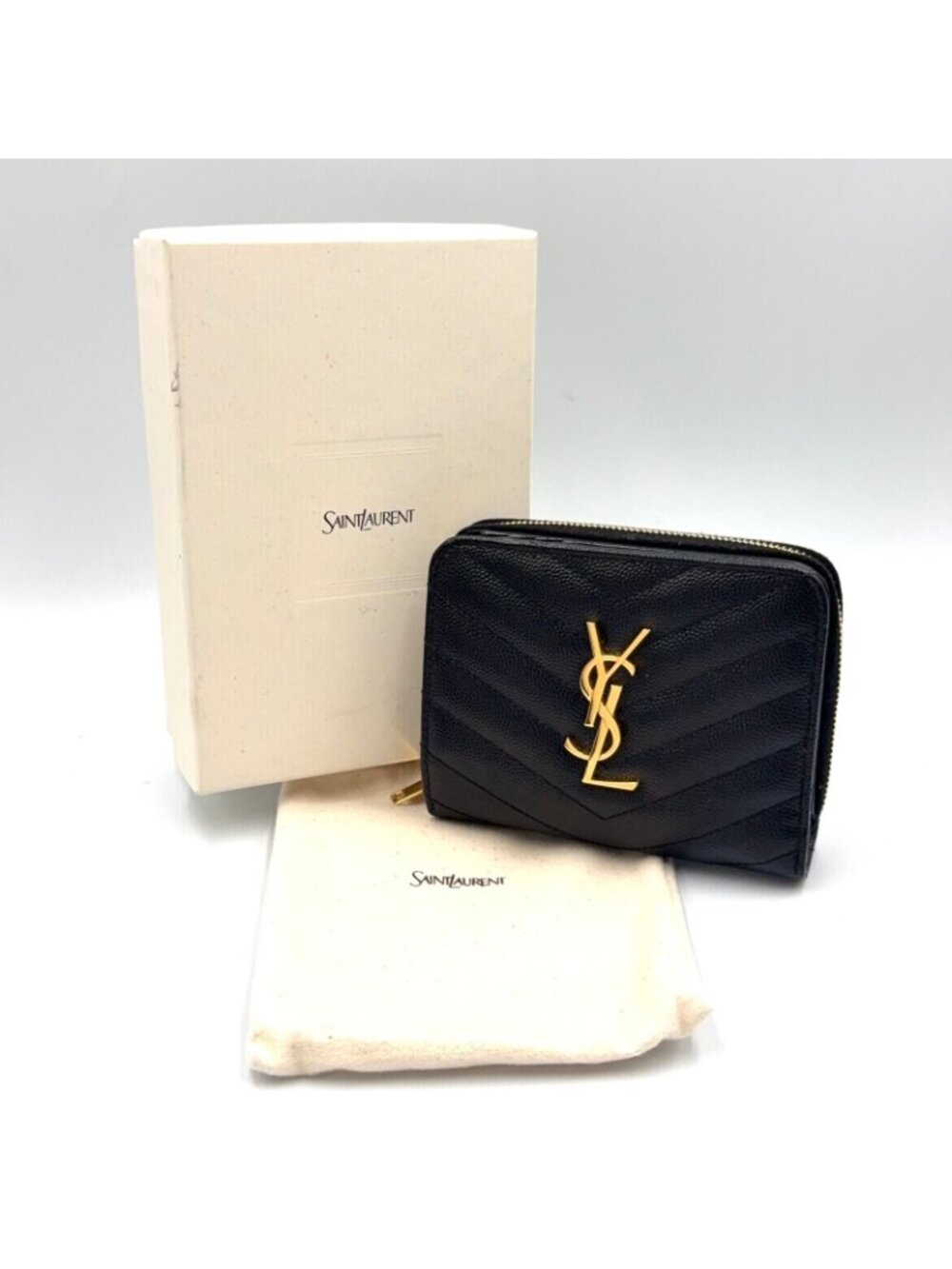Saint Laurent Paris Monogram Compact Zip Around Caviar Leather Black Wallet Gold - Picture 13 of 13